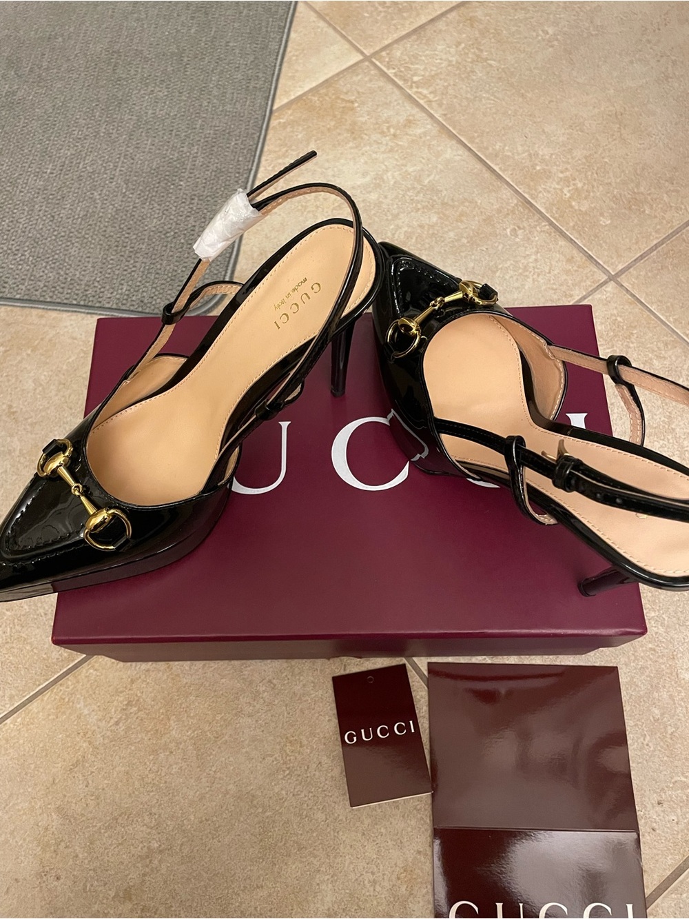 Gucci Black Patent Leather Horsebit Slingback Pumps GG size 7 high heels - Picture 2 of 14